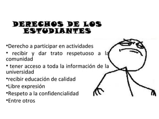 DERECHOS DE LOS
    ESTUDIANTES

•Derecho a participar en actividades
• recibir y dar trato respetuoso a la
comunidad
• tener acceso a toda la información de la
universidad
•recibir educación de calidad
•Libre expresión
•Respeto a la confidencialidad
•Entre otros
 