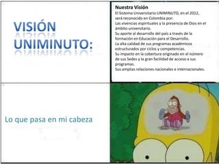 Nuestra Visión
                           El Sistema Universitario UNIMINUTO, en el 2012,
                           será reconocido en Colombia por:
                           Las vivencias espirituales y la presencia de Dios en el
                           ámbito universitario.
                           Su aporte al desarrollo del país a través de la
                           formación en Educación para el Desarrollo.
                           La alta calidad de sus programas académicos
                           estructurados por ciclos y competencias.
                           Su impacto en la cobertura originado en el número
                           de sus Sedes y la gran facilidad de acceso a sus
                           programas.
                           Sus amplias relaciones nacionales e internacionales.




Lo que pasa en mi cabeza
 