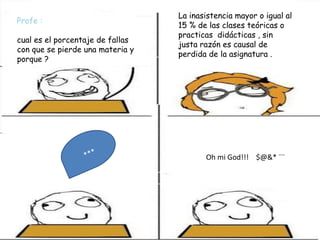 La inasistencia mayor o igual al
Profe :
                                  15 % de las clases teóricas o
                                  practicas didácticas , sin
cual es el porcentaje de fallas
                                  justa razón es causal de
con que se pierde una materia y
                                  perdida de la asignatura .
porque ?




                                         Oh mi God!!! $@&* ¨¨
 