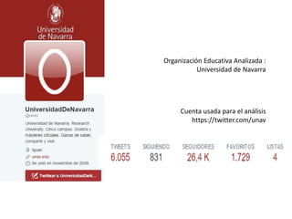 Organización Educativa Analizada :
Universidad de Navarra
Cuenta usada para el análisis
https://twitter.com/unav
 