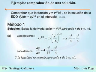 28Ejemplo: comprobación de una solución.Comprobar que la función y = x4/16 , es la solución de la EDO dy/dx = xy1/2 en el intervalo (-, ):Método 1	Solución: Existe la derivada dy/dx = x3/4para todo x de (-, ).(a)  	Lado izquierdo :		Lado derecho: Y la igualdad se cumple para todo x de (-, ).MSc. Santiago Cañizares                                                  MSc. Luis Puga