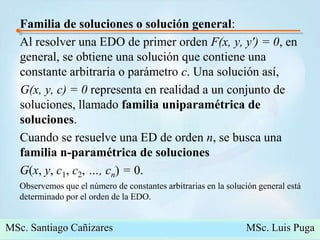 	Familia de soluciones o solución general: 	Al resolver una EDO de primer orden F(x, y, y') = 0, en general, se obtiene una solución que contiene una constante arbitraria o parámetro c. Una solución así,    G(x, y, c) = 0 representa en realidad a un conjunto de soluciones, llamado familia uniparamétrica de soluciones. 	Cuando se resuelve una ED de orden n, se busca una familia n-paramétrica de solucionesG(x, y, c1, c2, …, cn) = 0.40Observemos que el número de constantes arbitrarias en la solución general estádeterminado por el orden de la EDO.MSc. Santiago Cañizares                                                  MSc. Luis Puga