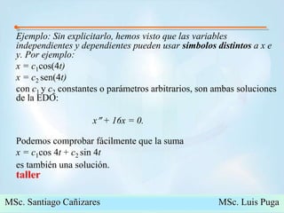 Ejemplo: Sin explicitarlo, hemos visto que las variables independientes y dependientes pueden usar símbolos distintos a x e y. Por ejemplo: 	x = c1cos(4t) x = c2 sen(4t) con c1 y c2 constantes o parámetros arbitrarios, son ambas soluciones de la EDO:      x + 16x = 0.Podemos comprobar fácilmente que la suma 	x = c1cos 4t + c2 sin 4t   es también una solución.taller42MSc. Santiago Cañizares                                                  MSc. Luis Puga
