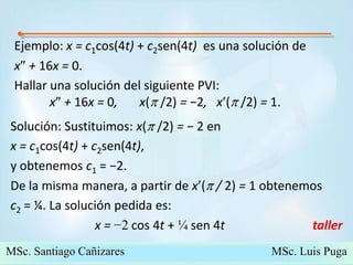 47Ejemplo: x = c1cos(4t) + c2sen(4t)  es una solución de x + 16x = 0.Hallar una solución del siguiente PVI:x + 16x = 0,       x( /2) = −2,   x( /2) = 1.Solución: Sustituimos: x( /2) = − 2 en x = c1cos(4t) + c2sen(4t), y obtenemos c1 = −2. De la misma manera, a partir de x( / 2) = 1obtenemos c2= ¼. La solución pedida es:                           x = −2cos 4t +¼sen4t                            tallerMSc. Santiago Cañizares                                                  MSc. Luis Puga