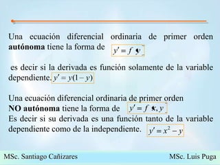 Una ecuación diferencial ordinaria de primer orden autónoma tiene la forma de  es decir si la derivada es función solamente de la variable dependiente. Una ecuación diferencial ordinaria de primer orden NOautónomatiene la forma de Es decir si su derivada es una función tanto de la variable dependiente como de la independiente. MSc. Santiago Cañizares                                                  MSc. Luis Puga