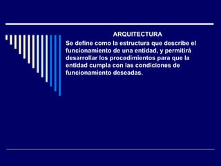 ARQUITECTURA
Se define como la estructura que describe el
funcionamiento de una entidad, y permitirá
desarrollar los procedimientos para que la
entidad cumpla con las condiciones de
funcionamiento deseadas.
 