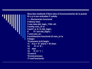 Describa mediante if-then-else el funcionamiento de la puerta
Or a y b son entradas f1 salida.
1 -- Declaración funcional
2 library ieee;
3 use ieee.std_logic_1164. all;
4 entity com_or is
5 port ( a, b: in std_logic;
6 f1: out std_logic) ;
7 end com_or;
8 architecture funcional of com_or is
9 begin
10 process (a,b) begin
11 if (a = ‘0´ and b = ‘0') then
12 f1 <= ‘0' ;
13 else
14 f1 <= ' 1 ´;
15 end if;
16 end process;
17 end funcional;
 