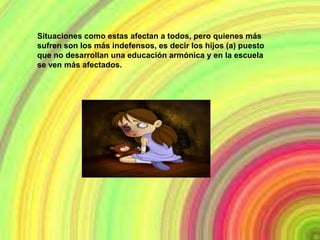 Situaciones como estas afectan a todos, pero quienes más
sufren son los más indefensos, es decir los hijos (a) puesto
que no desarrollan una educación armónica y en la escuela
se ven más afectados.
 