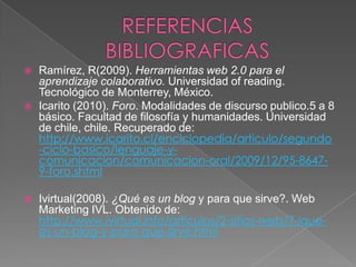 





Ramírez, R(2009). Herramientas web 2.0 para el
aprendizaje colaborativo. Universidad of reading.
Tecnológico de Monterrey, México.
Icarito (2010). Foro. Modalidades de discurso publico.5 a 8
básico. Facultad de filosofía y humanidades. Universidad
de chile, chile. Recuperado de:
http://www.icarito.cl/enciclopedia/articulo/segundo
-ciclo-basico/lenguaje-ycomunicacion/comunicacion-oral/2009/12/95-86479-foro.shtml
Ivirtual(2008). ¿Qué es un blog y para que sirve?. Web
Marketing IVL. Obtenido de:
http://www.ivirtual.info/articulos/2-sitios-web/7-iquees-un-blog-y-para-que-sirve.html

 