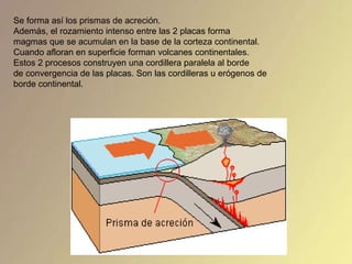 Se forma así los prismas de acreción.  Además, el rozamiento intenso entre las 2 placas forma magmas que se acumulan en la base de la corteza continental. Cuando afloran en superficie forman volcanes continentales.  Estos 2 procesos construyen una cordillera paralela al borde  de convergencia de las placas. Son las cordilleras u erógenos de  borde continental. 