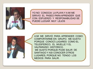 YO NO CONOCIA LA PLAYA Y A MI ME
SIRIVIO EL PASEO PARA APRENDER QUE
CON ESFUERZO Y RESPONABILIDAD SE
PUEDE LLEGAR MUY LEJOS
A MI ME SIRVIÓ PARA APRENDER COMO
COMPORTARME EN GRUPO. ME GUSTO
PORQUE CONOCÍ LUGARES COMO EL
TELESFERICO, EL MUELLE Y EL
VALPARAÍSO HISTÓRICO.
ME GUSTO PORQUE PUDE SALIR DE
SANTIAGO Y ASI CONOCER OTROS
LUGARES, PORQUE NO TENGO LOS
MEDIOS PARA SALIR.
 