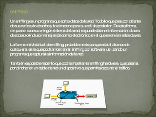 SNIFFING Un sniffing es un programa que sorbe datos de la red. Todo lo que pasa por delante de sus narices lo absorbe y lo almacena para su análisis posterior. De esta forma, sin poseer acceso a ningún sistema de la red, se puede obtener información, claves de acceso o incluso mensajes de correo electrónico en el que se envían estas claves. La forma más habitual de sniffing, probablemente porque está al alcance de cualquiera, es la que podríamos llamar sniffing por software, utilizando un programa que captura la información de la red. También es posible hacer lo que podríamos llamar sniffing hardware, que pasaría por pinchar en un cable de red un dispositivo que permita capturar el tráfico. 