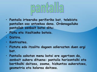 Pantaila irteerako periferiko bat, telebista pantailen oso antzekoa dena. Ordenagailuko pantailak zenbait botoi ditu: Piztu eta itzaltzeko botoia. Distira. Kontrastea. Piztuta edo itzalita dagoen adierazten duen argi bat. Pantaila askotan menu botoi ere agertzen da, zenbait aukera dituena: pantaila horizontalki eta bertikalki doitzea, zooma, hizkuntza aukeratzea, geometria eta kolorea doitzea. pantalla 