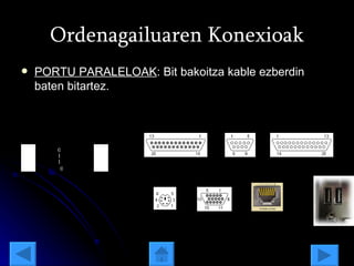 Ordenagailuaren Konexioak PORTU PARALELOAK : Bit bakoitza kable ezberdin baten bitartez. 1 0 0 1 