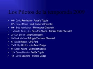 Los Pilotos de la temporada 2009 00 -  David  Reutimann  - Aaron's Toyota  07 -  Casey Mears  - Jack Daniel`s Chevrolet  09 -  Brad Keselowski  - Miccosukee Chevrolet  1 -  Martin   Truex ,  Jr .  - Bass Pro Shops / Tracker Boats Chevrolet  2 -  Kurt Busch  - Miller Lite Dodge  5 -  Mark Martin  - Kellogg's/Carquest Chevrolet  6 -  David  Ragan  - UPS Ford  7 -  Robby   Gordon  - Jim Bean Dodge  9 -  Kasey   Kahne  - Budweiser Dodge  11 -  Denny Hamlin  - FedEx Toyota  12 -  David  Stremme  - Penske Dodge  