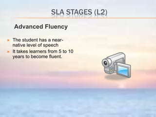 Whyveryfewpeoplemanagetoacquire a secondlanguagefluently?Learners are notallowedtohave a silentperiod, they are askedto produce whenthey are notready = InterlanguageInterlanguageisthe mixture of L1 and L2 tobeabletocommunicate =interference.Interference = errors.Fossilization: no furtherlearningappearspossible. Learnerswillhavethesame error despite of anycorrectionorgrammaticalexplanation.   CriticalPeriod: Beforetheage of 12, fluencymaybereached.  After, thisis no longerpossibleduetothechanges in thebrain.Affectivefilter: Motivation, self-confidence, and anxiety all affect language acquisition.