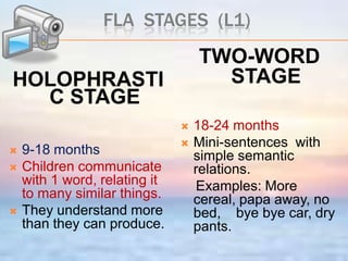 FLA  stages  (l1)COOING2-4 months.Earliestspeech-likesounds.Laughterappearsaround 4 months.BABBLING6-8 MonthsBabiesstarttohave control onspeechvocalization, thishappens as aninstinct.Sensitivitytothephoneticdistinction.