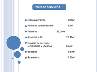ZONA DE SERVICIOS




Estacionamiento                     1000m²

Punto de concentración              150m²

Taquillas                 25.00m²

Administración                      20.10m²

Espacio de servicios
(empleados y usuarios )             500m²

Bodegas                             13.31m²

Enfermería                          17.50m²
 