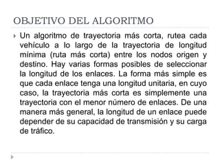 OBJETIVO DEL ALGORITMOUn algoritmo de trayectoria más corta, rutea cada vehículo a lo largo de la trayectoria de longitud mínima (ruta más corta) entre los nodos origen y destino. Hay varias formas posibles de seleccionar la longitud de los enlaces. La forma más simple es que cada enlace tenga una longitud unitaria, en cuyo caso, la trayectoria más corta es simplemente una trayectoria con el menor número de enlaces. De una manera más general, la longitud de un enlace puede depender de su capacidad de transmisión y su carga de tráfico. 