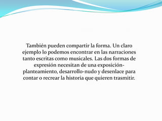 También pueden compartir la forma. Un claro ejemplo lo podemos encontrar en las narraciones tanto escritas como musicales. Las dos formas de expresión necesitan de una exposición-planteamiento, desarrollo-nudo y desenlace para contar o recrear la historia que quieren trasmitir.