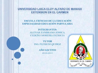 UNIVERSIDAD LAICA ELOY ALFARO DE MANABI EXTENSION EN EL CARMEN ESCUELA CIENCIAS DE LA EDUCACIÓNESPECIALIDAD EDUCACIÓN PARVULARIA INTEGRANTES:ALCIVAR ZAMBRANO JESSICA. CEDEÑO MOREIRA PATRICIATUTORING. PATRICIO QUIROZAÑO LECTIVO 2010-2011 
