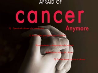 Que es el cáncer y la metástasis                                     2) Anomalías que producen el cáncer					                                                                 3)tratamiento y diagnostico del cáncer                                                                  4)diferentes tipos de cáncer                                                                                  5) Fundaciones contra el cáncer 