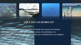 ¿Qué son lasrúbricas? Podría definirse o bien explicarse como un listado del conjunto de criterios  específicos y fundamentales que permiten valorar el aprendizaje, los  conocimientos y/o las competencias, logrados por el estudiante en un trabajo o  materia particular. 