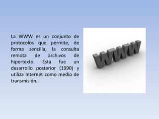 La WWW es un conjunto de protocolos que permite, de forma sencilla, la consulta remota de archivos de hipertexto. Ésta fue un desarrollo posterior (1990) y utiliza Internet como medio de transmisión.