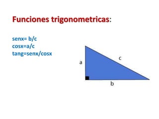 Funciones trigonometricas: senx= b/c    cosx=a/ctang=senx/cosx 