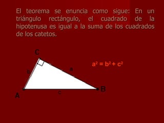 El teorema se enuncia como sigue: En un triángulo rectángulo, el cuadrado de la hipotenusa es igual a la suma de los cuadrados de los catetos. a 2 = b 2 + c 2