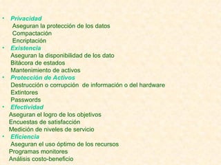Privacidad Aseguran la protección de los datos Compactación Encriptación Existencia Aseguran la disponibilidad de los dato  Bitácora de estados Mantenimiento de activos Protección de Activos Destrucción o corrupción  de información o del hardware Extintores Passwords Efectividad Aseguran el logro de los objetivos Encuestas de satisfacción Medición de niveles de servicio Eficiencia Aseguran el uso óptimo de los recursos Programas monitores Análisis costo-beneficio 