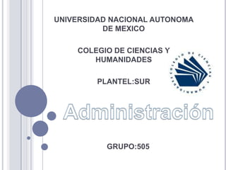 UNIVERSIDAD NACIONAL AUTONOMA DE MEXICO COLEGIO DE CIENCIAS Y HUMANIDADES  PLANTEL:SUR Administración GRUPO:505 