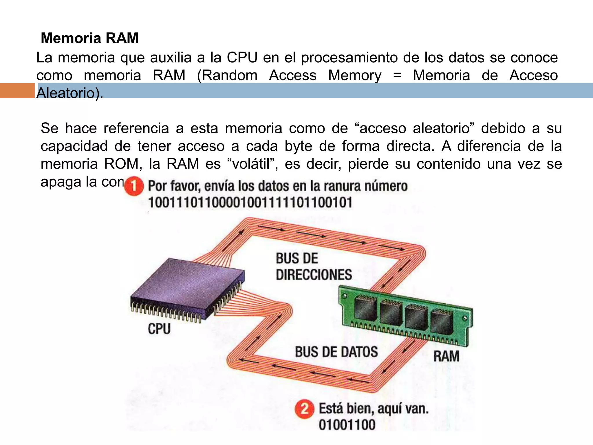 Memoria RAM
La memoria que auxilia a la CPU en el procesamiento de los datos se conoce
como memoria RAM (Random Access Memory = Memoria de Acceso
Aleatorio).

Se hace referencia a esta memoria como de “acceso aleatorio” debido a su
capacidad de tener acceso a cada byte de forma directa. A diferencia de la
memoria ROM, la RAM es “volátil”, es decir, pierde su contenido una vez se
apaga la computadora.
 