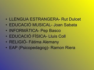 LLENGUA ESTRANGERA- Rut Dulcet EDUCACIÓ MUSICAL- Joan Sabata INFORMÀTICA- Pep Basco EDUCACIÓ FÍSICA- Lluís Coll RELIGIÓ- Fàtima Alemany EAP   (Psicopedagog)- Ramon Riera 
