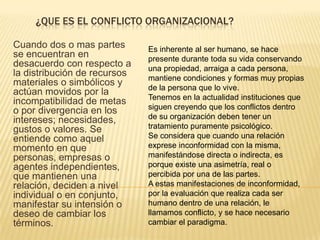 ¿Que es el conflicto organizacional?Cuando dos o mas partes se encuentran en desacuerdo con respecto a la distribución de recursos materiales o simbólicos y actúan movidos por la incompatibilidad de metas o por divergencia en los intereses; necesidades, gustos o valores. Se entiende como aquel momento en que personas, empresas o agentes independientes, que mantienen una relación, deciden a nivel individual o en conjunto, manifestar su intensión o deseo de cambiar los términos.Es inherente al ser humano, se hace presente durante toda su vida conservando una propiedad, arraiga a cada persona, mantiene condiciones y formas muy propias de la persona que lo vive.Tenemos en la actualidad instituciones que siguen creyendo que los conflictos dentro de su organización deben tener un tratamiento puramente psicológico.Se considera que cuando una relación exprese inconformidad con la misma, manifestándose directa o indirecta, es porque existe una asimetría, real o percibida por una de las partes.A estas manifestaciones de inconformidad, por la evaluación que realiza cada ser humano dentro de una relación, le llamamos conflicto, y se hace necesario cambiar el paradigma.