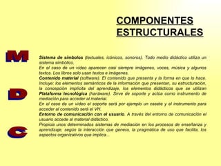 Sistema de símbolos  (textuales, icónicos, sonoros). Todo medio didáctico utiliza un sistema simbólico.  En el caso de un vídeo aparecen casi siempre imágenes, voces, música y algunos textos. Los libros solo usan textos e imágenes. Contenido material  (software).  El contenido que presenta y la forma en que lo hace. Incluye:  los elementos semánticos de la información que presentan, su estructuración, la concepción implícita del aprendizaje, los elementos didácticos que se utilizan  Plataforma tecnológica  (hardware). Sirve de soporte y actúa como instrumento de mediación para acceder al material.  En el caso de un vídeo el soporte será por ejemplo un casete y el instrumento para acceder al contenido será el  VH .  Entorno de comunicación con el usuario . A través del entorno de comunicación el usuario accede al material didáctico. Propicia unos determinados sistemas de mediación en los procesos de enseñanza y aprendizaje, según la interacción que genera, la pragmática de uso que facilita, los aspectos organizativos que implica... M  D  C COMPONENTES ESTRUCTURALES 