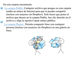 En esta carpeta encontrarás:
 La carpeta Public: Cualquier archivo que pongas en esta carpeta
  tendrá un enlace de Internet para que lo puedas compartir
  (incluso con usuarios sin Dropbox). Solo tienes que poner el
  archivo que desees en la carpeta Public, haz clic derecho en el
  archivo y elige la opción Copiar enlace público.
 La carpeta Photos: Permite compartir fotos con cualquier
  persona (incluso con usuarios sin Dropbox) en una galería en
  línea.
 