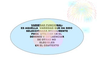 VARIEDAD FUNCIONAL:
ES AQUELLA VARIEDAD QUE HA SIDO
    SELECCIONADA SOCIALMENTE
       PARA UTILIZAR EN EL
      DOMINIO Y DIFERENCIAR
           DE OTRAS NO
            ELEGIBLES
         EN EL CONTEXTO
 
