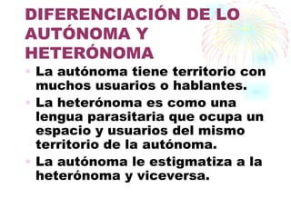 DIFERENCIACIÓN DE LO
AUTÓNOMA Y
HETERÓNOMA
• La autónoma tiene territorio con
  muchos usuarios o hablantes.
• La heterónoma es como una
  lengua parasitaria que ocupa un
  espacio y usuarios del mismo
  territorio de la autónoma.
• La autónoma le estigmatiza a la
  heterónoma y viceversa.
 