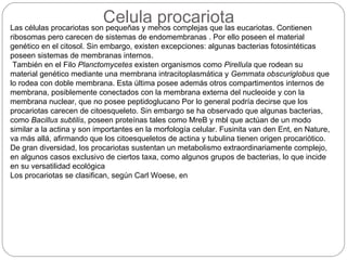Celula procariota eucariotas. Contienen
Las células procariotas son pequeñas y menos complejas que las
ribosomas pero carecen de sistemas de endomembranas . Por ello poseen el material
genético en el citosol. Sin embargo, existen excepciones: algunas bacterias fotosintéticas
poseen sistemas de membranas internos.
 También en el Filo Planctomycetes existen organismos como Pirellula que rodean su
material genético mediante una membrana intracitoplasmática y Gemmata obscuriglobus que
lo rodea con doble membrana. Esta última posee además otros compartimentos internos de
membrana, posiblemente conectados con la membrana externa del nucleoide y con la
membrana nuclear, que no posee peptidoglucano Por lo general podría decirse que los
procariotas carecen de citoesqueleto. Sin embargo se ha observado que algunas bacterias,
como Bacillus subtilis, poseen proteínas tales como MreB y mbl que actúan de un modo
similar a la actina y son importantes en la morfología celular. Fusinita van den Ent, en Nature,
va más allá, afirmando que los citoesqueletos de actina y tubulina tienen origen procariótico.
De gran diversidad, los procariotas sustentan un metabolismo extraordinariamente complejo,
en algunos casos exclusivo de ciertos taxa, como algunos grupos de bacterias, lo que incide
en su versatilidad ecológica
Los procariotas se clasifican, según Carl Woese, en
 