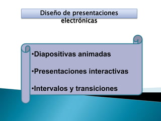 Diseño de presentaciones
electrónicas
•Diapositivas animadas
•Presentaciones interactivas
•Intervalos y transiciones