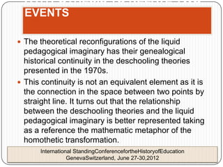 A HYPOTHESIS TO RELATE TWO
  EVENTS

 The theoretical reconfigurations of the liquid
  pedagogical imaginary has their genealogical
  historical continuity in the deschooling theories
  presented in the 1970s.
 This continuity is not an equivalent element as it is
  the connection in the space between two points by
  straight line. It turns out that the relationship
  between the deschooling theories and the liquid
  pedagogical imaginary is better represented taking
  as a reference the mathematic metaphor of the
  homothetic transformation.
      International StandingConferencefortheHistoryofEducation
                 GenevaSwitzerland, June 27-30,2012
 