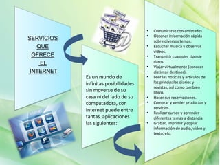 •   Comunicarse con amistades.
                          •   Obtener información rápida
                              sobre diversos temas.
                          •   Escuchar música y observar
                              vídeos.
                          •   Transmitir cualquier tipo de
                              datos.
                          •   Viajar virtualmente (conocer
                              distintos destinos).
Es un mundo de            •   Leer las noticias y artículos de
infinitas posibilidades       los principales diarios y
                              revistas, así como también
sin moverse de su             libros.
casa ni del lado de su    •   Hacer sus reservaciones.
computadora, con          •   Comprar y vender productos y
                              servicios.
Internet puede entre      •   Realizar cursos y aprender
tantas aplicaciones           diferentes temas a distancia.
las siguientes:           •   Grabar, imprimir y copiar
                              información de audio, vídeo y
                              texto, etc.
 