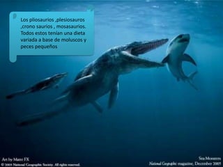 Los pliosaurios ,plesiosauros
,crono saurios , mosasaurios.
Todos estos tenían una dieta
variada a base de moluscos y
peces pequeños