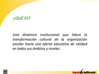 ¿QUÉ ES?


Una dinámica institucional que lidera la
transformación cultural de la organización
escolar hacia una oferta educativa de calidad
en todos sus ámbitos y niveles.
 