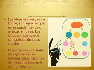  Las ideas simples, según
  Locke, son aquellas que
  no se pueden dividir o
  analizar en otras. Las
  ideas complejas están
  compuestas de ideas
  simples.
 El asociacionismo trata
  de explicarnos las
  distintas combinaciones
  de ideas que forman la
  mente humana.
 
