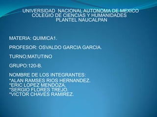 UNIVERSIDAD NACIONAL AUTONOMA DE MEXICO
       COLEGIO DE CIENCIAS Y HUMANIDADES
               PLANTEL NAUCALPAN


MATERIA: QUIMICA1.
PROFESOR: OSVALDO GARCIA GARCIA.
TURNO;MATUTINO
GRUPO:120-B.
NOMBRE DE LOS INTEGRANTES:
*ALAN RAMSES RIOS HERNANDEZ.
*ERIC LOPEZ MENDOZA.
*SERGIO FLORES TREJO.
*VICTOR CHAVES RAMIREZ.
 