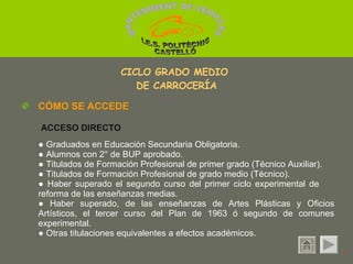 ●  Graduados en Educación Secundaria Obligatoria.  ●  Alumnos con 2° de BUP aprobado. ●  Titulados de Formación Profesional de primer grado (Técnico Auxiliar).  ●  Titulados de Formación Profesional de grado medio (Técnico). ●  Haber superado el segundo curso del primer ciclo experimental de  reforma de las enseñanzas medias. ●  Haber superado, de las enseñanzas de Artes Plásticas y Oficios Artísticos, el tercer curso del Plan de 1963 ó segundo de comunes experimental. ●  Otras titulaciones equivalentes a efectos académicos. CÓMO SE ACCEDE ACCESO DIRECTO 1 CICLO GRADO MEDIO  DE CARROCERÍA MANTENIMENT DE VEHICLES  I.E.S. POLITÈCNIC CASTELLÓ 