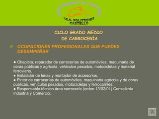 ●  Chapista, reparador de carrocerías de automóviles, maquinaria de obras públicas y agrícola, vehículos pesados, motocicletas y material ferroviario. ●  Instalador de lunas y montador de accesorios. ●  Pintor de carrocerías de automóviles, maquinaria agrícola y de obras públicas, vehículos pesados, motocicletas y ferrocarriles. ●  Responsable técnico área carrocería (orden 13/02/01) Consellería Industria y Comercio. OCUPACIONES PROFESIONALES QUE PUEDES DESEMPEÑAR CICLO GRADO MEDIO  DE CARROCERÍA MANTENIMENT DE VEHICLES  I.E.S. POLITÈCNIC CASTELLÓ 
