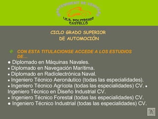 ●  Diplomado en Máquinas Navales. ●  Diplomado en Navegación Marítima. ●  Diplomado en Radíolectrónica Naval. ●  Ingeniero Técnico Aeronáutico (todas las especialidades).  ●  Ingeniero Técnico Agrícola (todas las especialidades) CV.  ●  Ingeniero Técnico en Diseño Industrial CV. ●   Ingeniero Técnico Forestal (todas las especialidades) CV.  ●  Ingeniero Técnico Industrial (todas las especialidades) CV. CON ESTA TITULACIONSE ACCEDE A LOS ESTUDIOS DE… CICLO GRADO SUPERIOR  DE AUTOMOCIÓN MANTENIMENT DE VEHICLES  I.E.S. POLITÈCNIC CASTELLÓ 